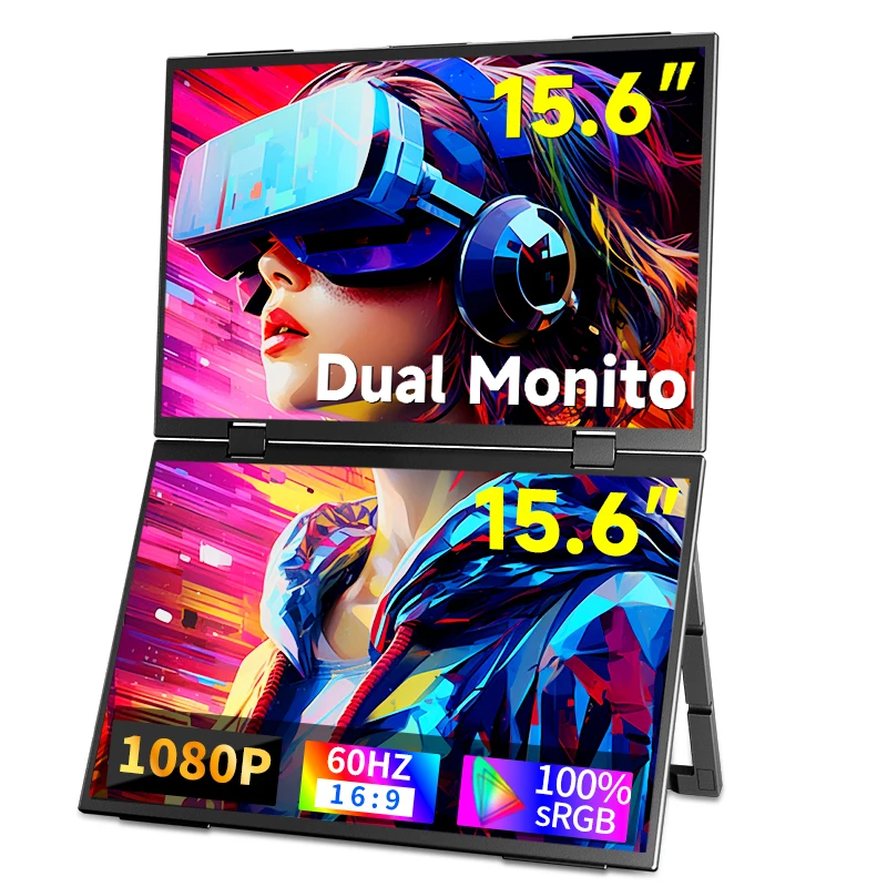 HGFRTEE Monitor portátil dual de 15,6 pulgadas para extensor de pantalla de computadora portátil apilable plegable 315 °   Pantalla triple apilada plegable - imagen 2