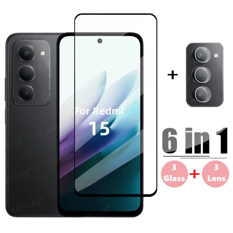 Vidrio 6 en 1 para Redmi 15, cubierta completa de vidrio templado, Protector de pantalla Redmi 15, película protectora de lente de teléfono 9H, Redmi 15