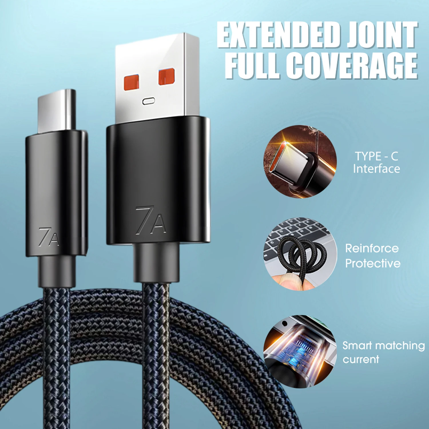 Cable USB tipo C 7A, Cable de datos de carga súper rápida para Samsung S25 S25Ultra Mi Huawei, Cable de cargador USB A a línea tipo C - imagen 5