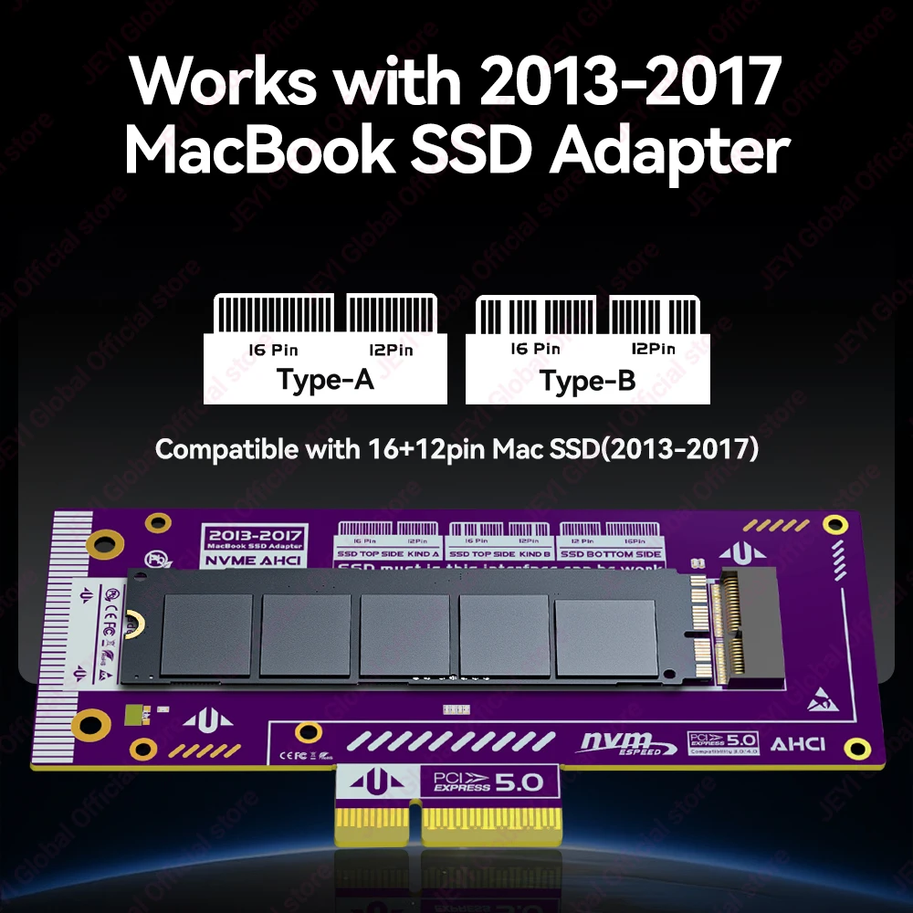 Adaptador JEYI PCIe 5.0 SSD para MacBook Air/Pro 2013-2017 - Soporte NVMe/AHCI, velocidad de 128 Gbps, compatible con PCIe x4/x8/x16 - imagen 4