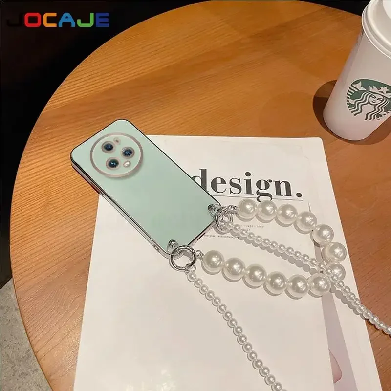 Funda de silicona chapada para Huawei Honor Magic 5 Pro 7 6 Lite 7 Pro pulsera de cadena de perlas cordón cruzado funda protectora de lente - imagen 4