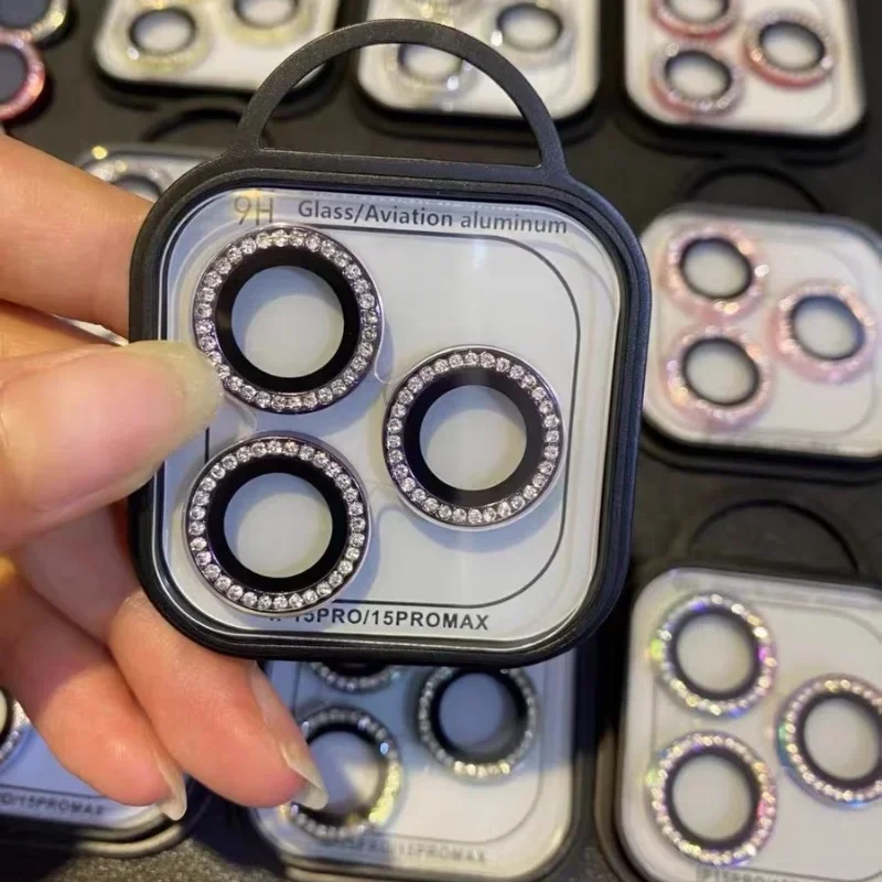 Color colorido para IPhone 16 15 14 Pro Max diamante Bling anillo de Metal cubierta protectora de lente para IPhone 13 12 Mini lente película de vidrio - imagen 3