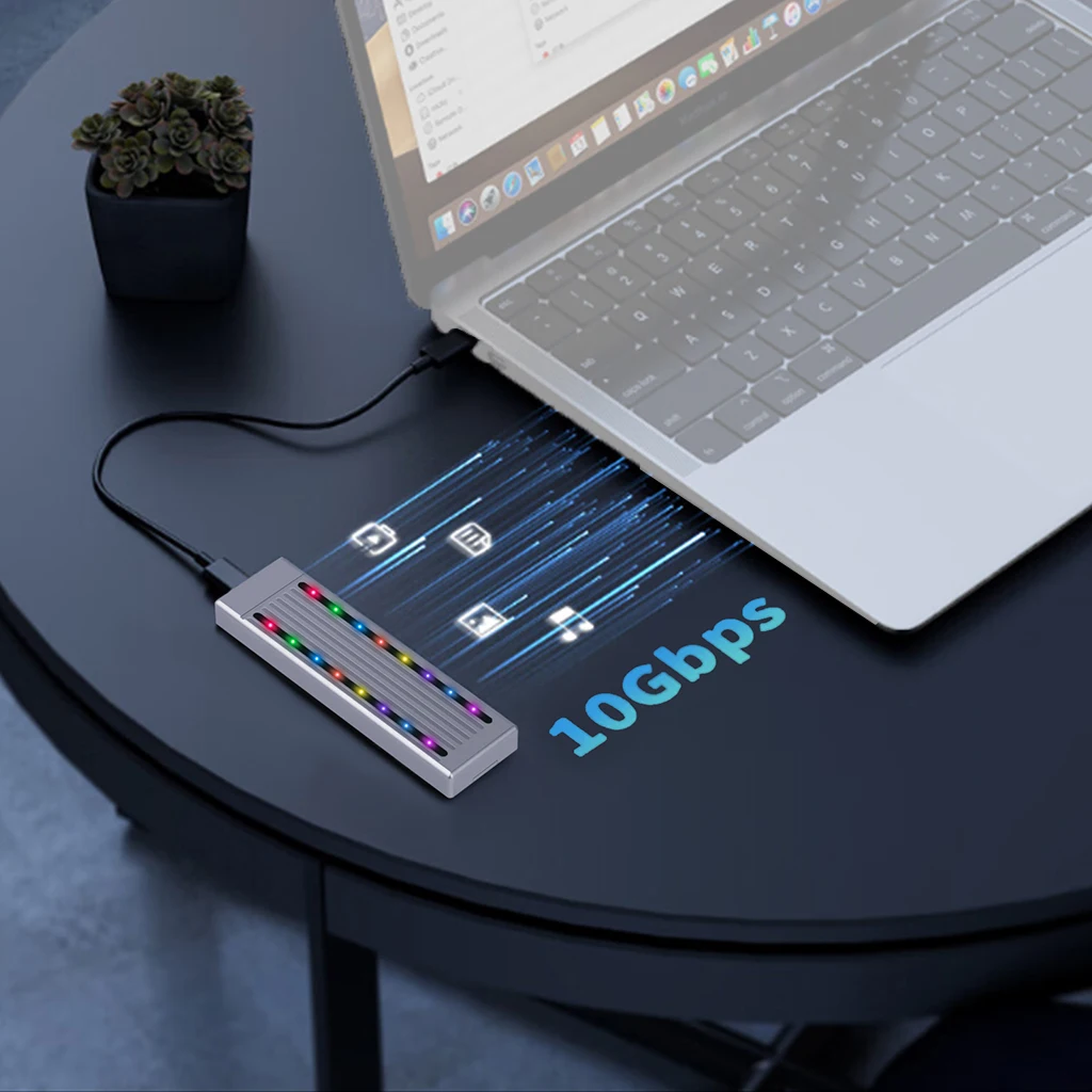 Enlcosure-carcasa portátil M2 SSD con LED RGB de aluminio, 10gbps/6gbps para NVMe NGFF M Key USB 3,1 tipo C para 2230 2242 2260 2280 - imagen 2
