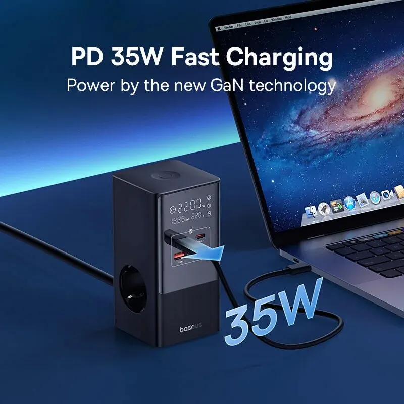 Baseus-cargador rápido 7 en 1 de 35W, estación de carga de escritorio con Protector contra sobretensiones de 1200J, pantalla Digital para iPhone y Xiaomi - imagen 4