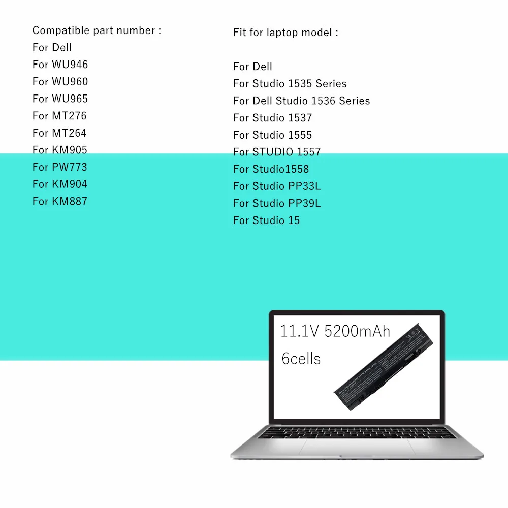 Nueva batería de ordenador portátil de 9 celdas para Dell Studio 1537 1555 1557 1558 PW772 PW773 RM803 RM804 WU946 WU959 WU960 WU965 - imagen 5
