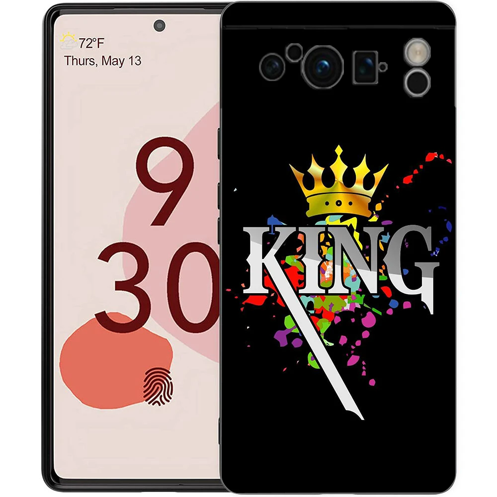 Crown QUEEN & KING-funda de silicona suave a prueba de golpes para Google Pixel 8, 7, 6 Pro, 6A, 7A, 5G, TPU, negra - imagen 5