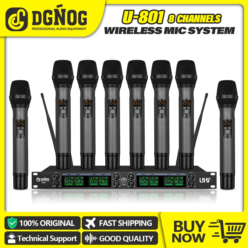 Micrófono inalámbrico UHF de 8 canales puesta en escena DGNOG U801 juego de micrófono inalámbrico profesional de mano dinámico para Karaoke de Iglesia