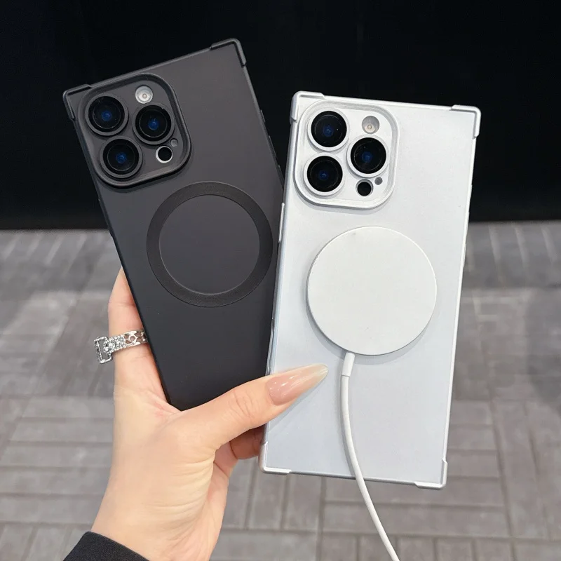 Funda magnética de carga inalámbrica con borde recto y cuadrado de ángulo recto Simple para iPhone 16 15 14 13 Pro Max, funda de silicona - imagen 2