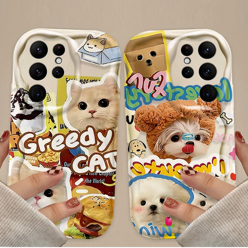 Precioso gato perro 3D onda funda para Samsung Galaxy S24 Ultra S23 S22 Plus S21 S20 FE A25 A55 A35 A15 A16 A05 A05S A06 funda de silicona