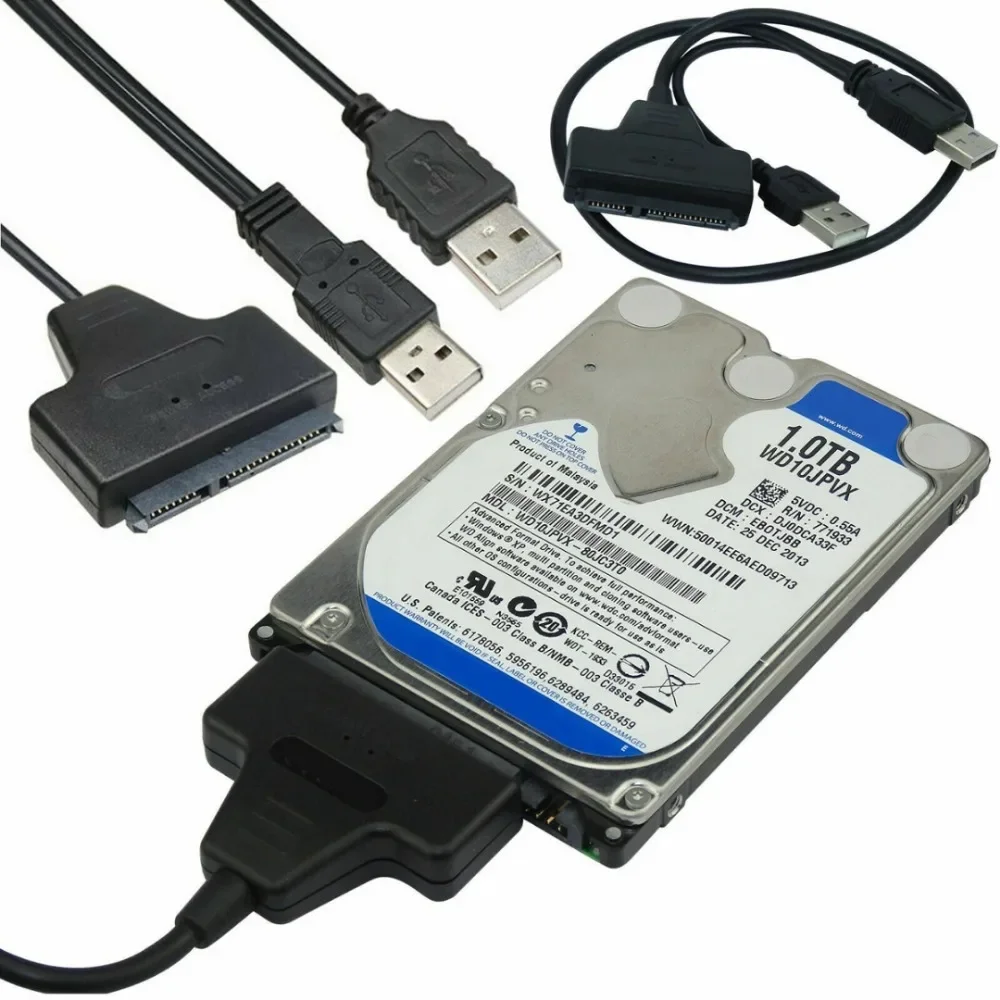 Disco duro SATA de 7 + 15 Pines, Conector de 22 a doble interfaz Dual USB 2,0, Cable adaptador de luz LED para ordenador portátil HDD 2,5