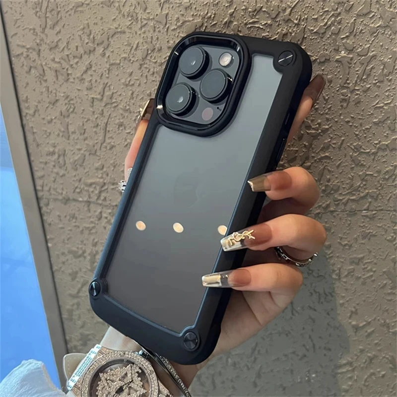 Funda de teléfono transparente con armadura a prueba de golpes para iphone 11, 12, 13, 14, 15 Pro Max, 14 15Plus, cubierta dura de parachoques con botón de Metal acrílico transparente - imagen 3