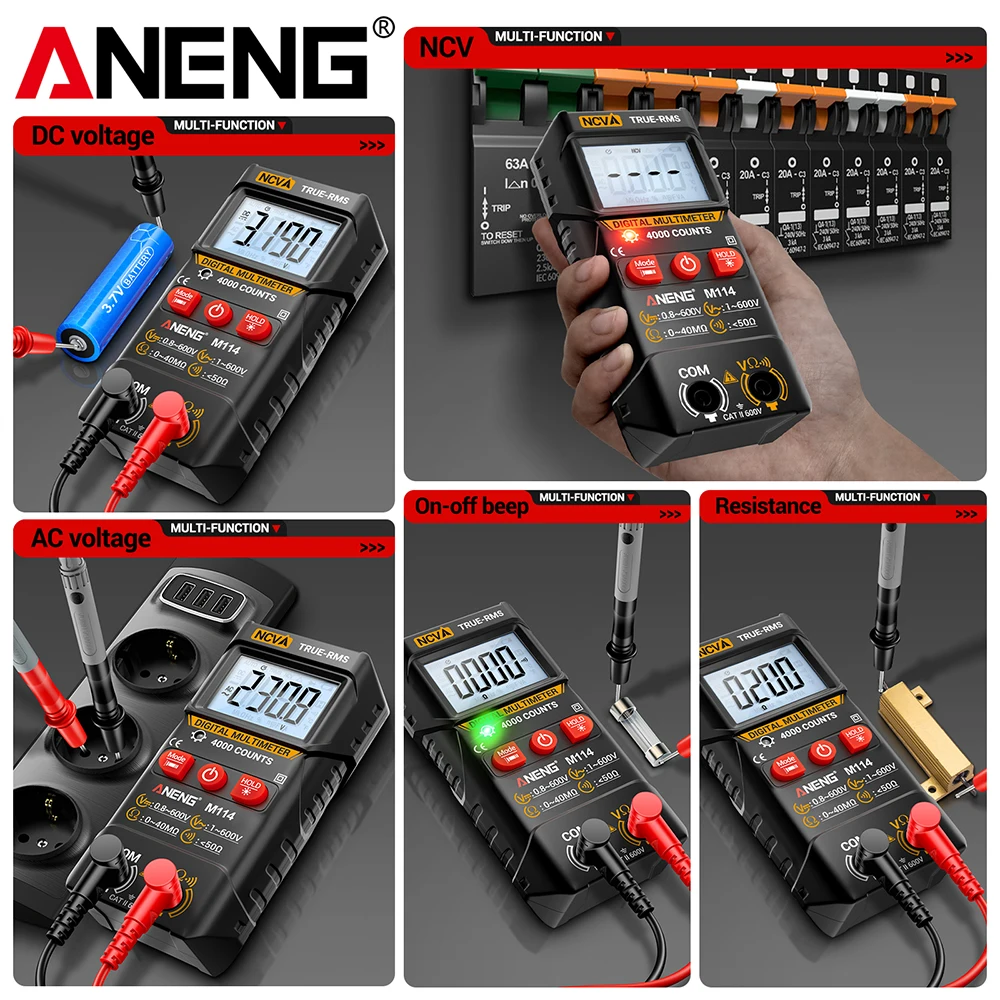 Mini multímetro inteligente ANENG M114, rango automático, voltaje CA, 4000 recuentos, resistencia NCV, datos, herramientas de prueba de retención de pitido de encendido y apagado - imagen 5