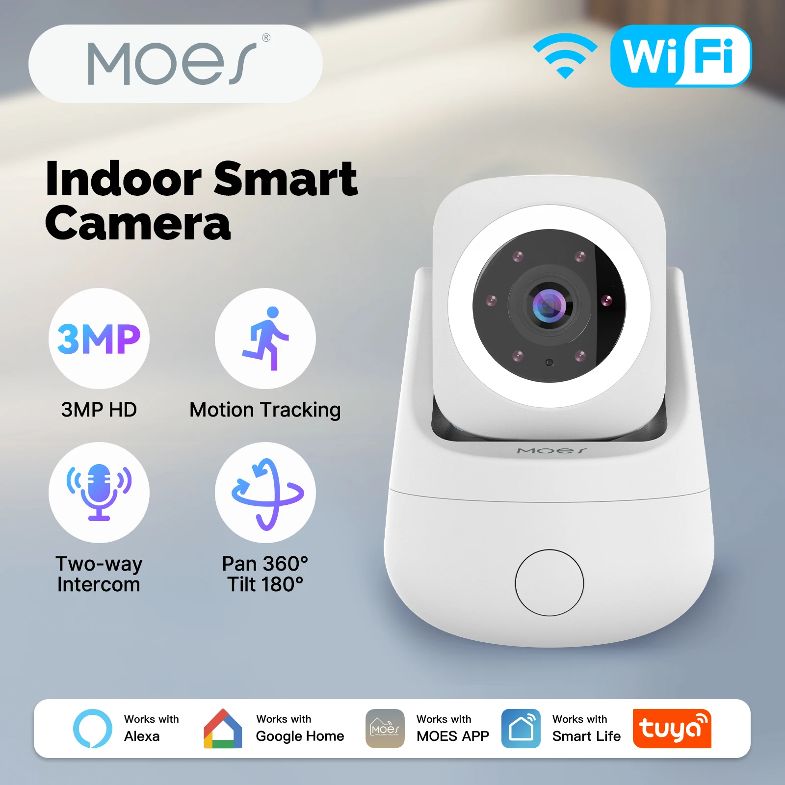 MOES Tuya WiFi Cámara Inteligente Interior 3MP HD Pan 360 ° Inclinación 180 ° La vigilancia del monitoreo del hogar funciona con Alexa Google Home