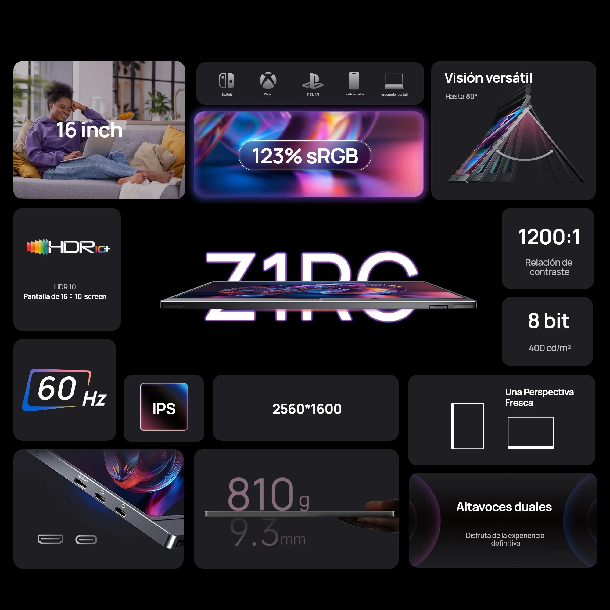 ARZOPA-Monitor portátil 2K de 16 pulgadas, pantalla IPS 16:10 con mini hdmi tipo c, segunda pantalla para MAC/portátil/PC/Xbox/PS4/5/Switch, Z1RC - imagen 3