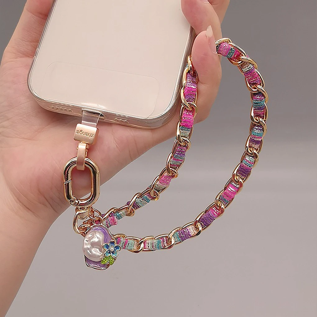 Cordón de cadena de Metal para teléfono móvil con decoración de concha de perla para mujer, colgante de muñeca, cadena de teléfono pintada antirotura