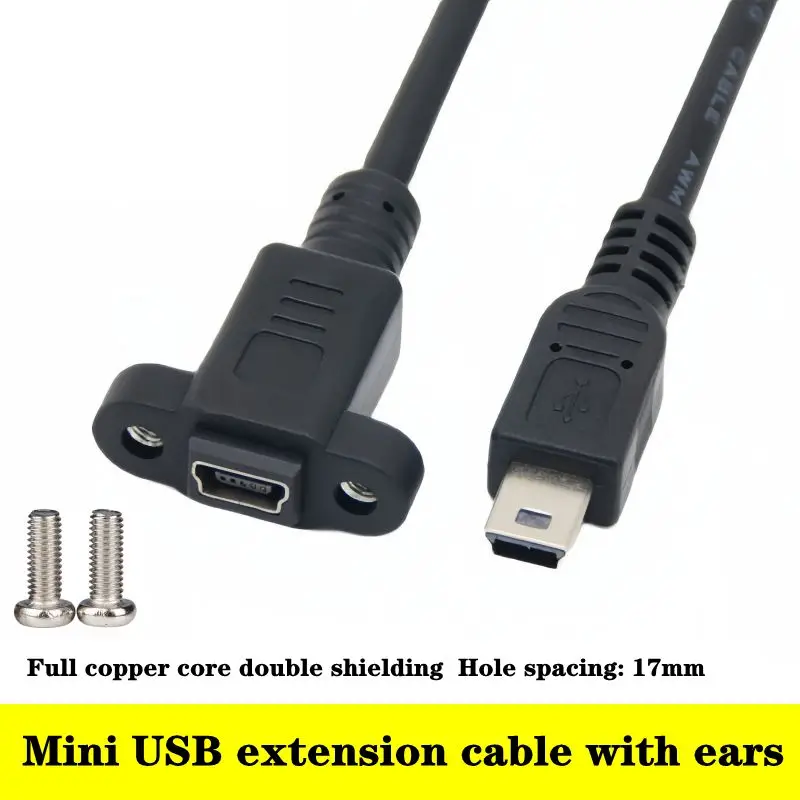 Cable de extensión Mini USB macho a hembra de 30cm-1m con orificios para tornillos de oreja para fijación, Cable de datos Mini puerto macho a hembra en forma de T