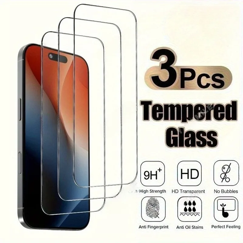 Protector de pantalla de vidrio templado de cubierta completa de 3 piezas para iPhone 13 14 15 16 17 Pro Max 11 12 Mini 17Air 16e XR XS Max Glass
