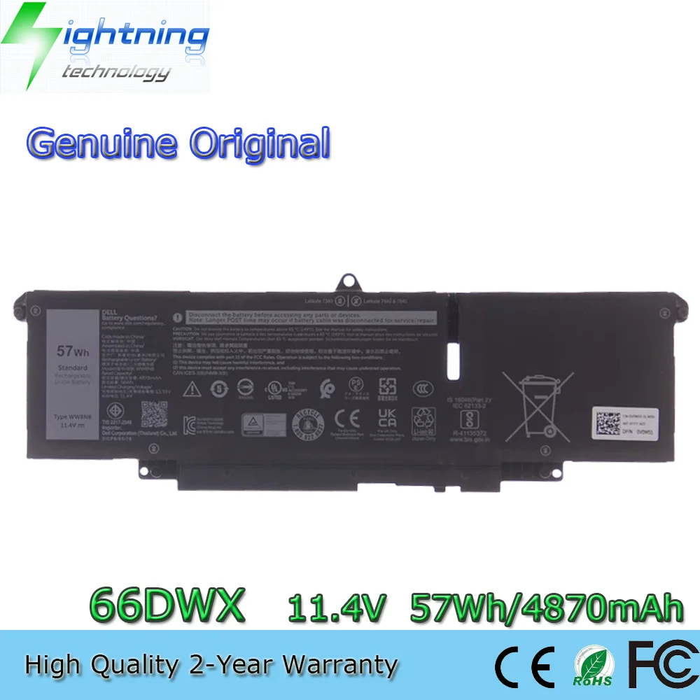 Batería genuina para ordenador portátil 66DWX WW8N8 11,4 V 57Wh para Dell Latitude 7340 7440 7640 047T0 0HYH8 P175G P176G 3ICP6/65/78 et