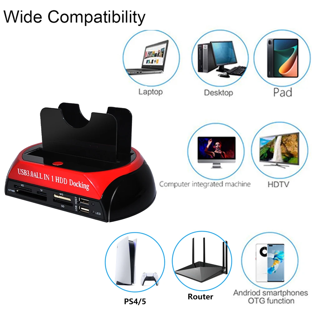 Estación de disco duro todo en 1 de doble bahía USB3.0 2,0 5Gbps HDD SSD acoplamiento con adaptador de corriente de 12V para tarjeta HDD/SSD TF de 2,5/3,5 pulgadas - imagen 3