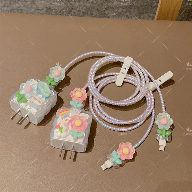 Nueva funda de cargador de silicona transparente con flor de conejo azul para IPhone 11 12 13 14 15 18/20W funda protectora de carga funda de cargador - imagen 2