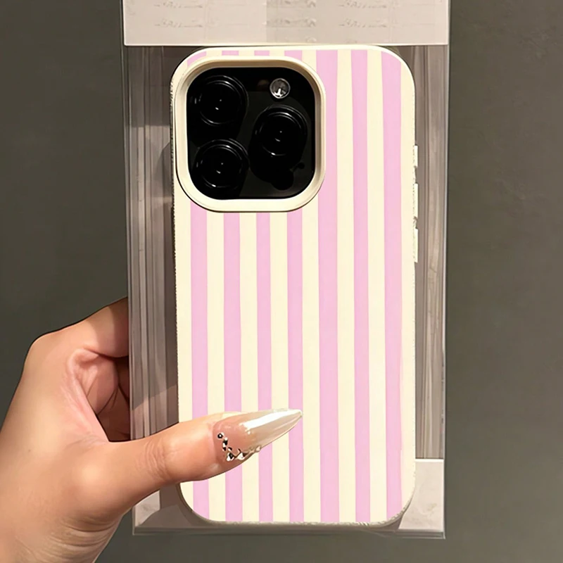 Funda de teléfono con patrón de lichi de rayas verticales rosas simples para iPhone 17 16 15 14 13 12 11 Pro Max XS XR X 16E 16 Plus 17 Air Cover - imagen 3