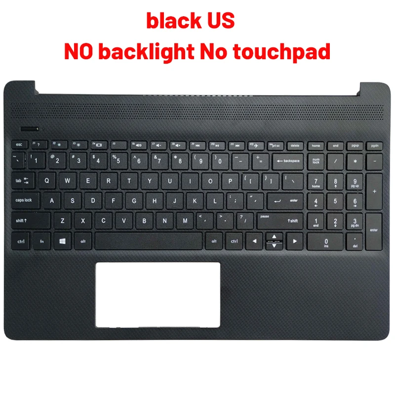 Un teclado negro sin luz de fondo y panel táctil