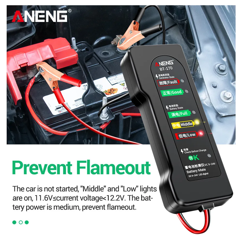 Probador de batería de coche, analizador de carga de reparación de automóviles de 12V/24V, Detector de voltaje con pinza de cocodrilo, pantalla LED inversa, herramientas de electricista - imagen 5