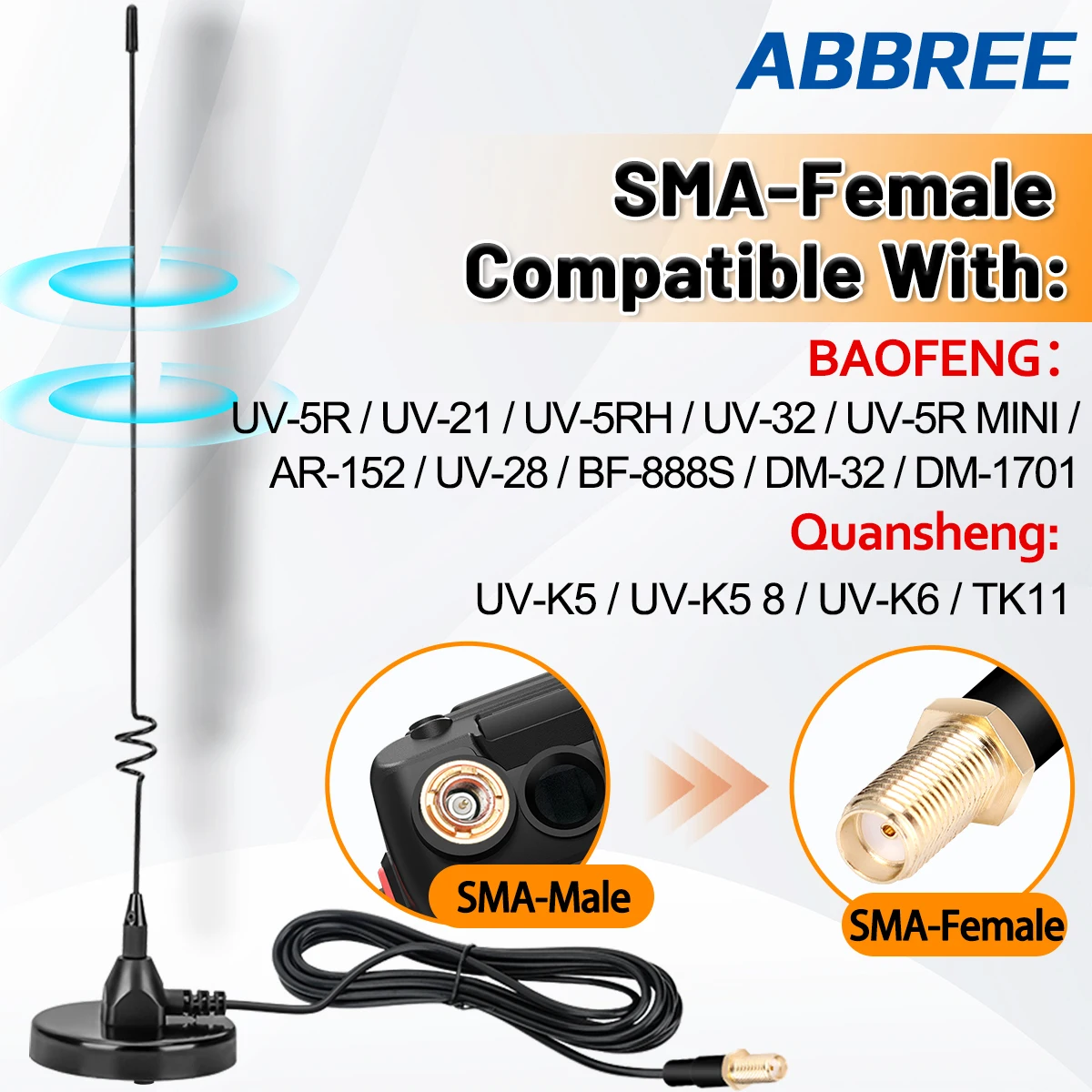 ABBREE AD-109 antena de Radio móvil magnética VHF UHF SMA-hembra para BAOFENG UV-5RH UV-32 BF-888S Quansheng K6 Walkie Talkie PL259 - imagen 3