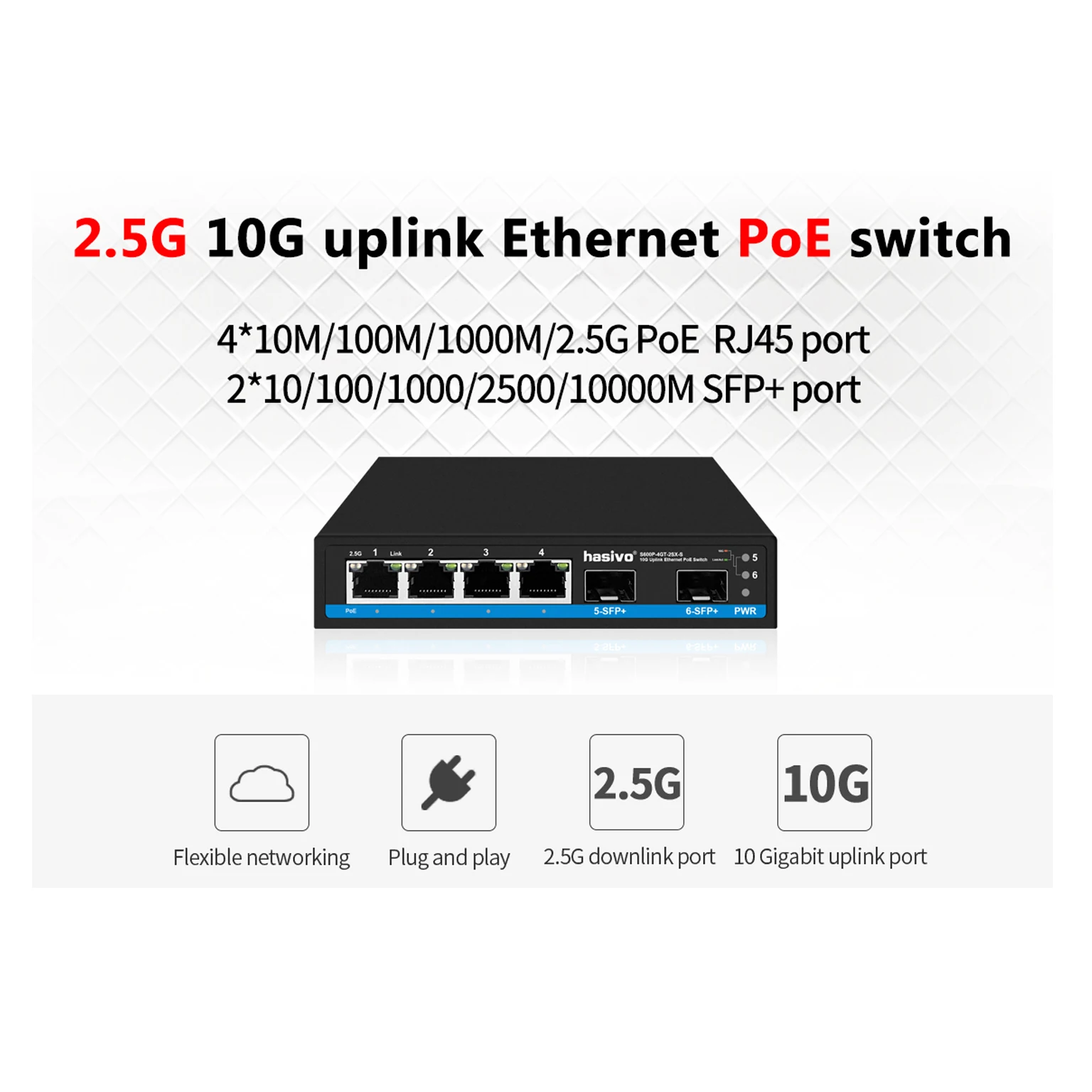 Conmutador POE no administrado Hasivo 2.5G de 4 puertos con enlace ascendente SFP Gigabit 2x10 para equipos de red