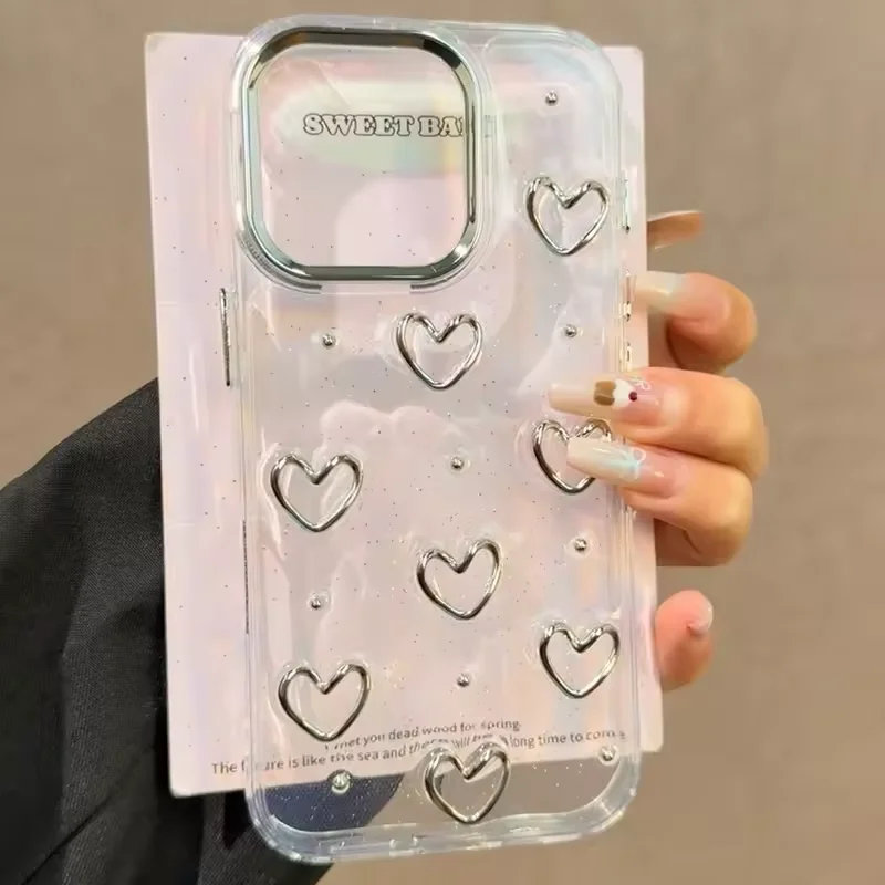 Funda de teléfono con purpurina coreana 3D ahuecada con corazón de amor para iPhone 17 16 15 14 13 12 11 Pro Max 17Air X XR XS 7 8 Plus cubierta transparente - imagen 2