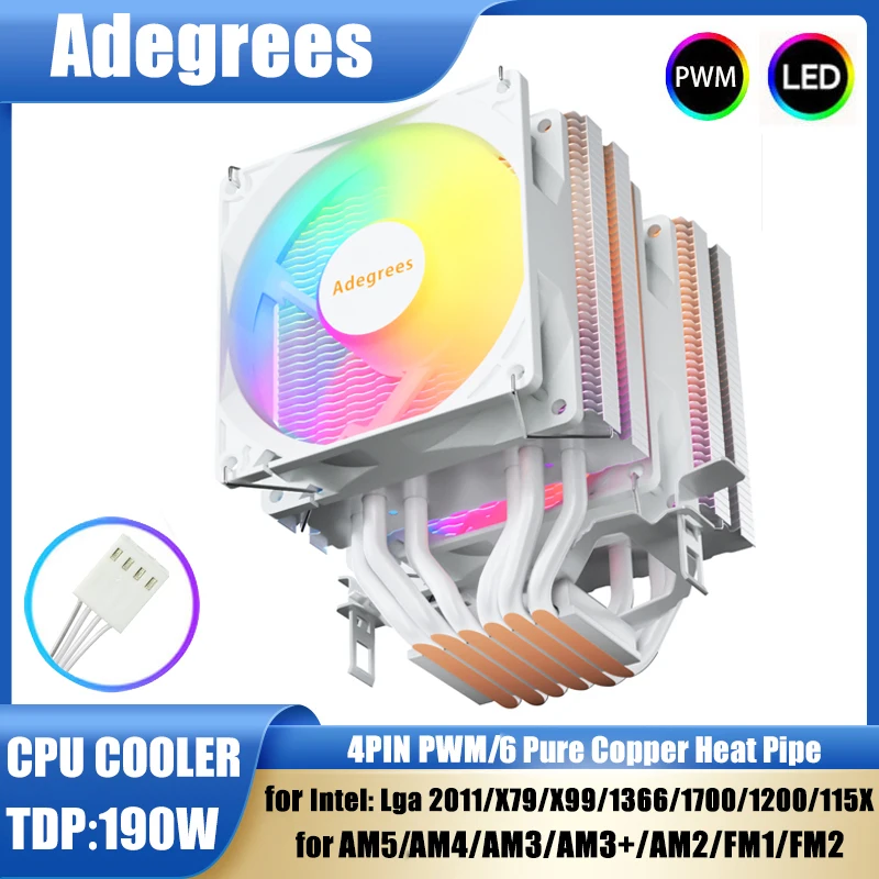 Enfriador de aire de CPU de 6 tubos de calor, enfriador de torre de procesor de PC PWM de 4 pines para Intel LGA 1700 1200 1150 1151 1155 2011 X79 X99 1366 AM5 AM4 - imagen 2