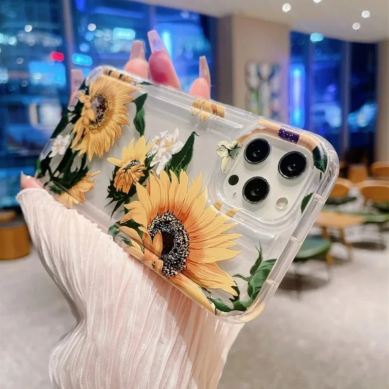 Funda de teléfono transparente pintada con flores y girasoles para iPhone 14 11 15 Pro Max 12 13 XR X XS SE 2022 7 8 Plus, funda de Airbag - imagen 3