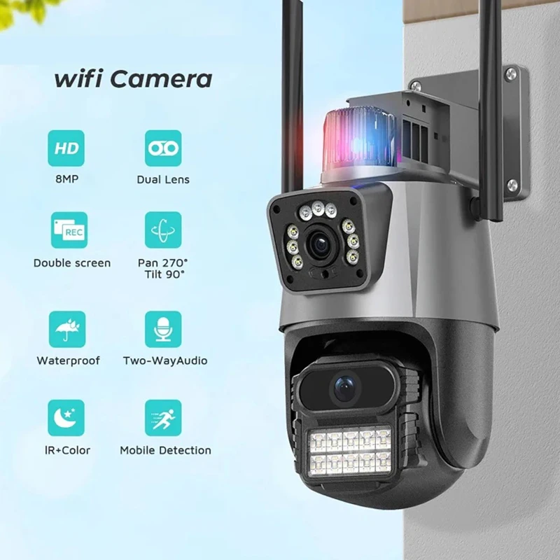 Cámara PTZ con Wifi para exteriores, 4K, 8MP, HD, doble lente, pantalla Dual, seguimiento automático AI, videovigilancia de 4MP, alarma de luz policial iCSee - imagen 2