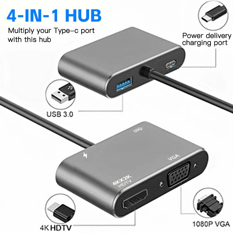 Adaptador 4 en 1 tipo C Hub a HDTV VGA USB 3,0 adaptador multipuerto AV Digital con puerto de carga PD TYPE-C Compatible - imagen 2