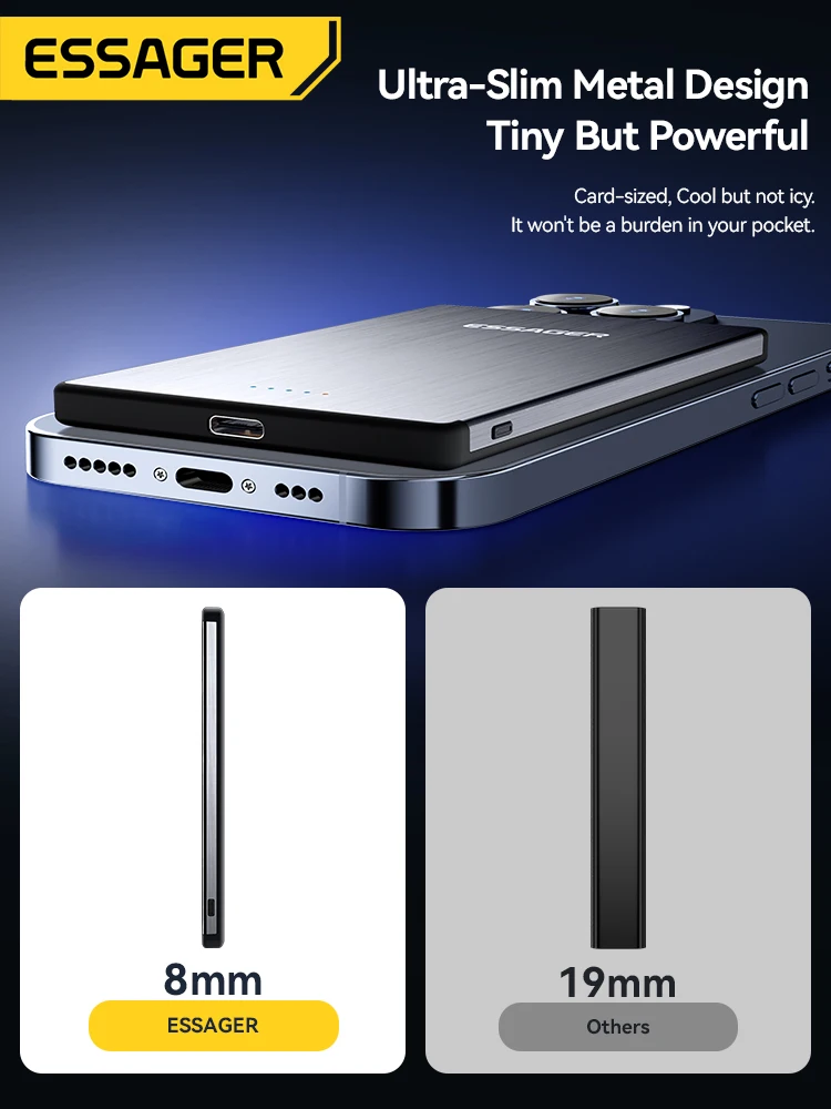 Essager-Banco de energía inalámbrico fino, 5000mAh, carga inalámbrica rápida, cargador de batería externo magnético para iPhone 16 15 14 13 - imagen 5