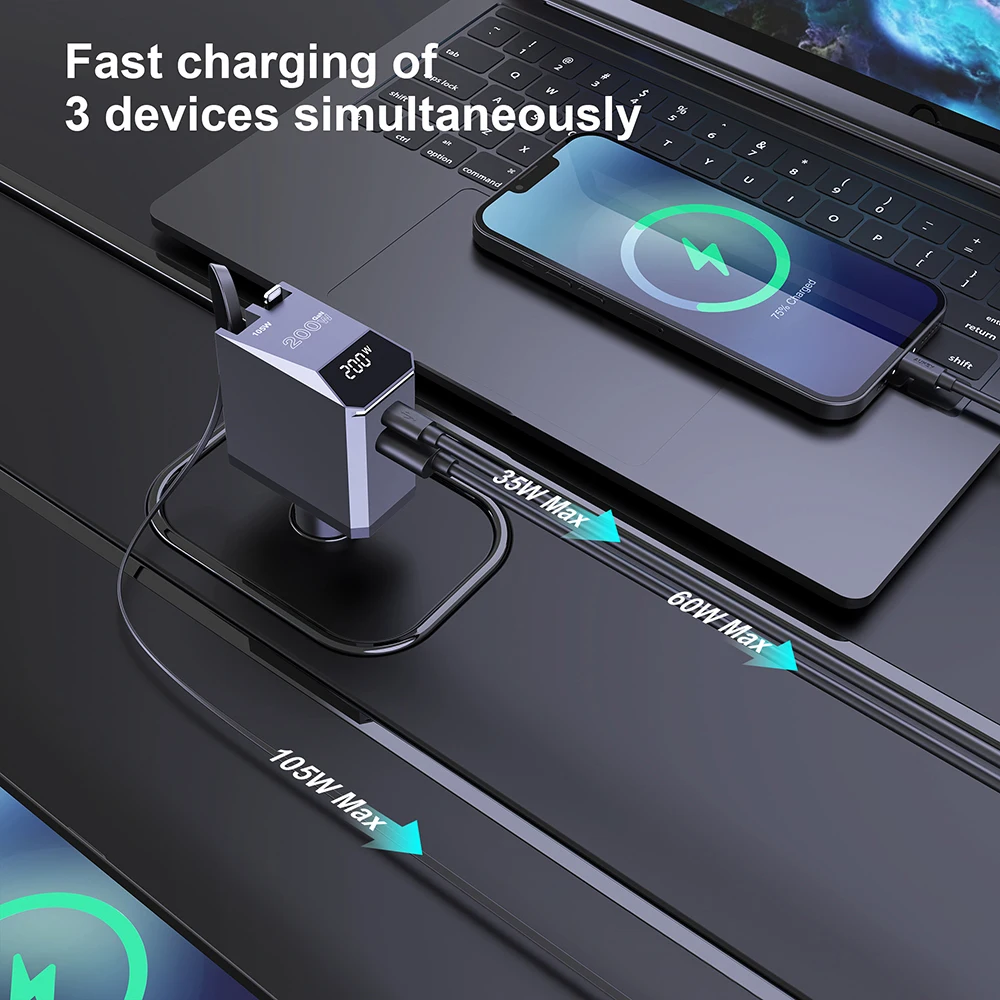 Ubigbuy 200W 4 en 1 cargador de coche retráctil diseño de pantalla Digital tipo C cargador de carga rápida con Cable tipo C para iPhone 16 15 - imagen 3