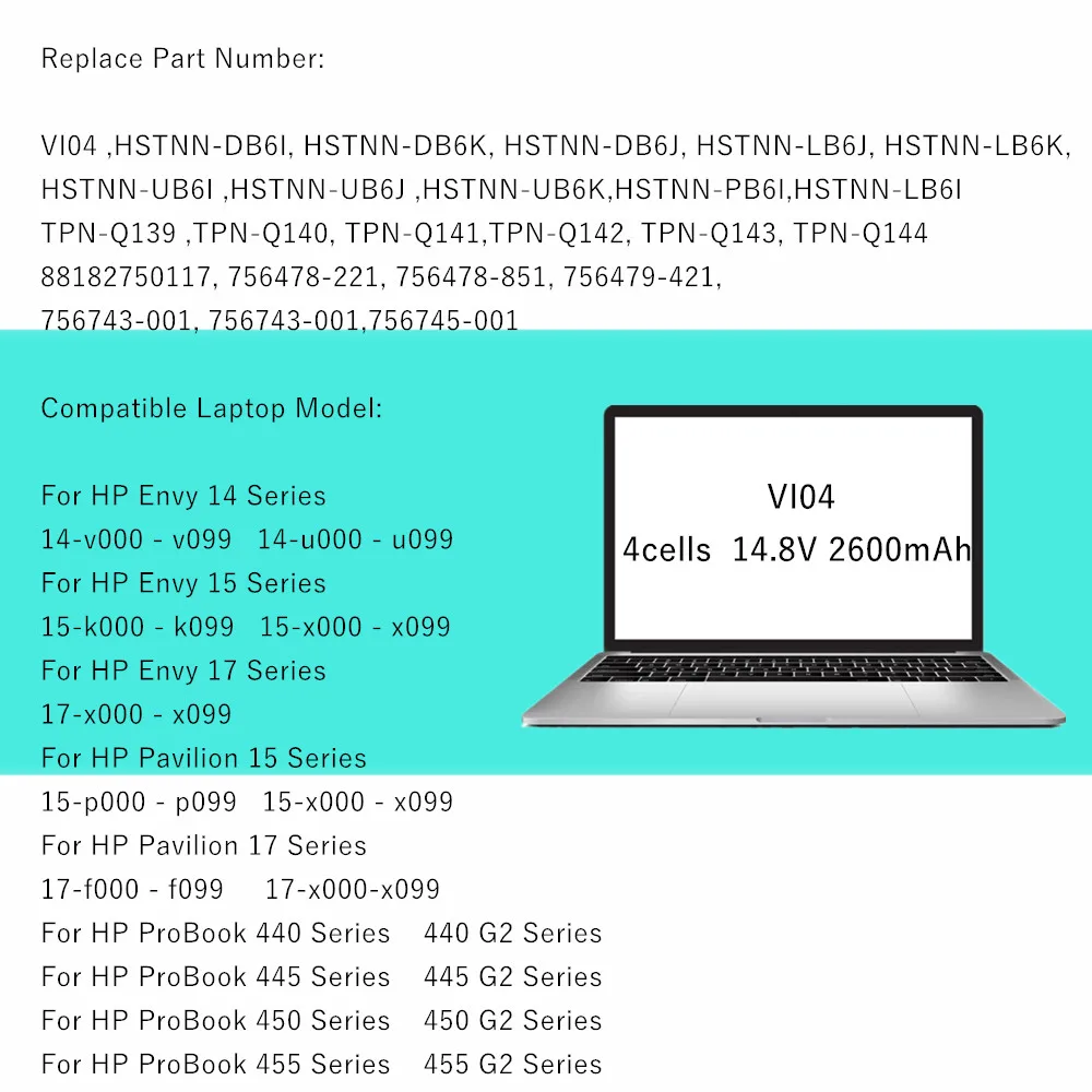 Batería del ordenador portátil para HP HSTNN-LB6K V104 VIO4 K2N94PA L1L26PA para Envy 15 k229tx ProBook 440 G2 para Pavilion 15-p003ax - imagen 5