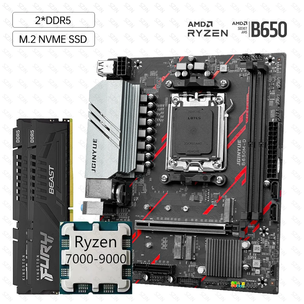 Juego de placa base JGINYUE AM5 B650 con Ryzen 7000-9000 DDR5 doble canal multiopción ARGB B650M-D NVME M2 Kit de placa base para juegos