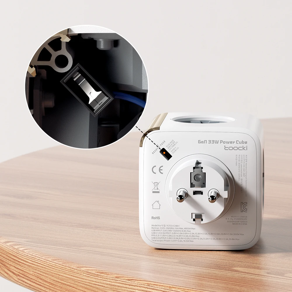 Toocki-regleta de corriente GaN, toma de pared con 4 salidas de CA, 2 puertos USB, 1 tipo C, PPS, 33W, QC3.0, PD20W, protección contra sobrecarga a tierra - imagen 5