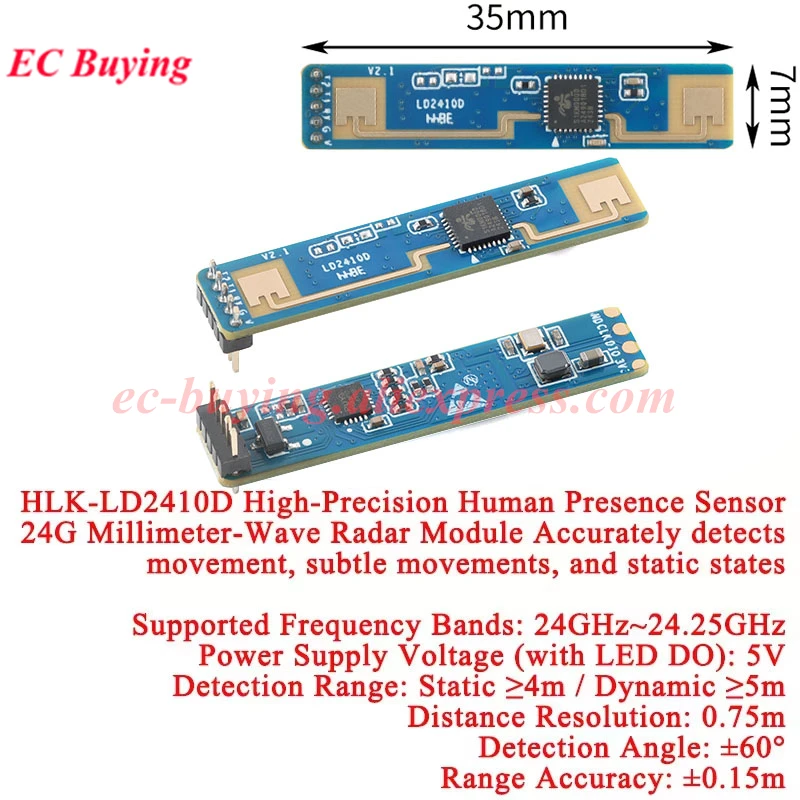 1 unidad-20 piezas Hi-Link HLK-LD2410D LD2410 24G 24GHZ Módulo de detección de presencia humana interruptor de detección de Radar de onda milimétrica Sensor inteligente - imagen 3