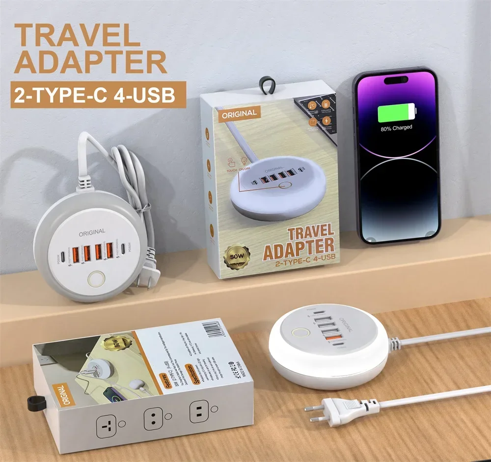 Cargador multipuerto PD de carga rápida tipo C, enchufe europeo y estadounidense, cargador de pared de 6 puertos USB, cargador rápido de teléfono con luz LED táctil/luz de relleno, 50W - imagen 3