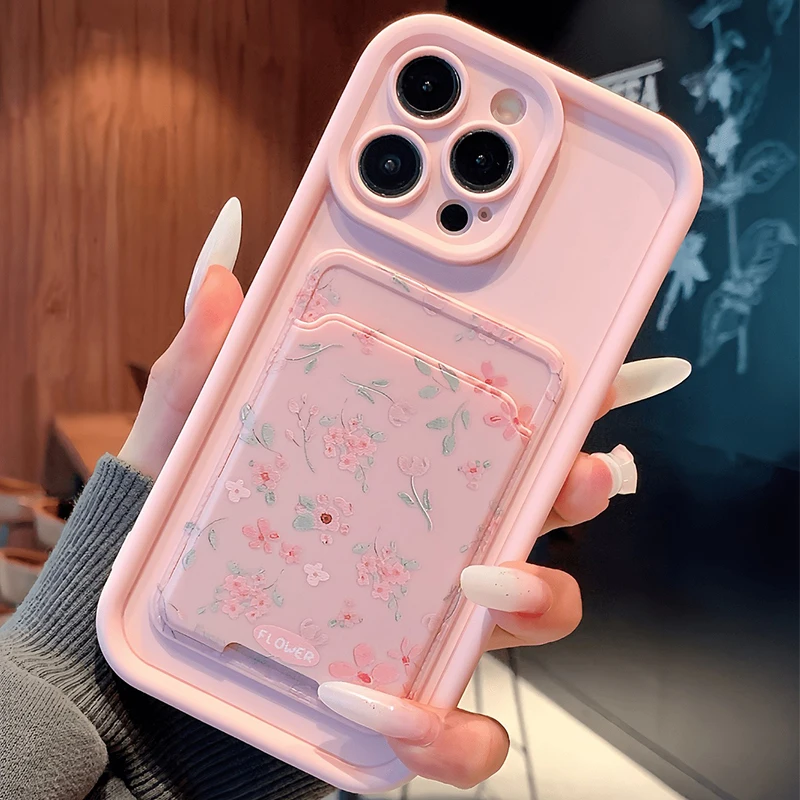 Funda de teléfono con bolsillo y ranura para tarjetas con flores rosas bonitas para iPhone 17 16 15 14 13 12 11 Pro Max 7 8 Plus X XS, funda de silicona a prueba de golpes - imagen 5