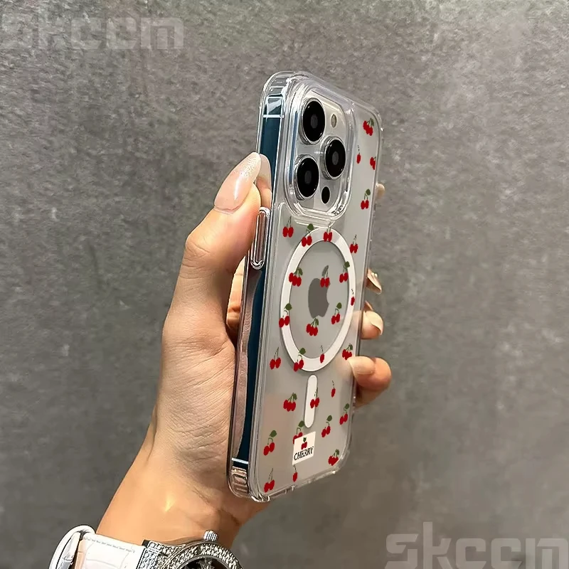 Funda con cargador inalámbrico Magsafe para iPhone 17 16 15 14 13 12 11 Pro Max 7 8 16 Plus XS XR, funda transparente con estampado de cereza bonita para teléfono - imagen 4