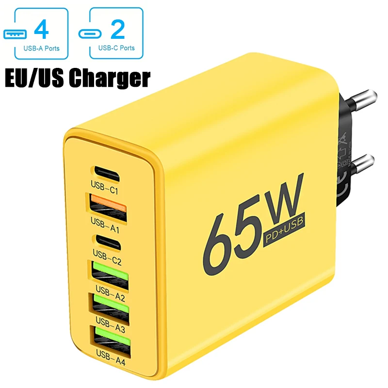 Cargador USB tipo C, cargador de pared de carga rápida PD de 6 puertos para iPhone 15 14 Pro Max, Samsung, Xiaomi, Huawei, cargador de teléfono móvil