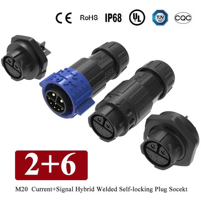 Conector impermeable 2 + 6 corriente exterior + señal híbrida soldada Cable de bloqueo automático enchufe IP68 8 pines junta de cabeza macho hembra