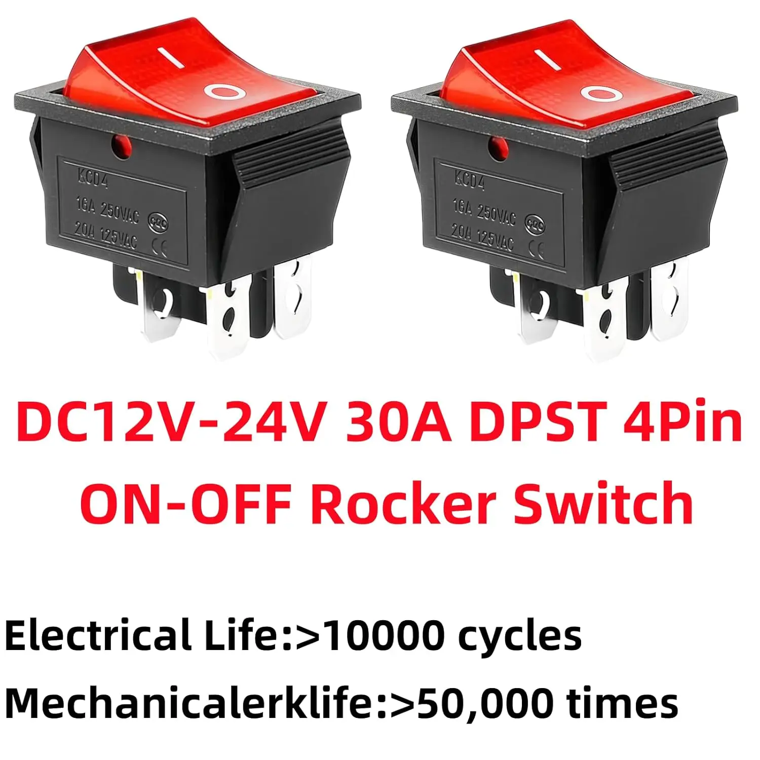 8 Uds KCD4 interruptores basculantes DPST de 4 pines, 16A 250V AC/125V, 40A 12V DC-palanca de encendido/apagado iluminada roja resistente para barcos, prensa de calor - imagen 4