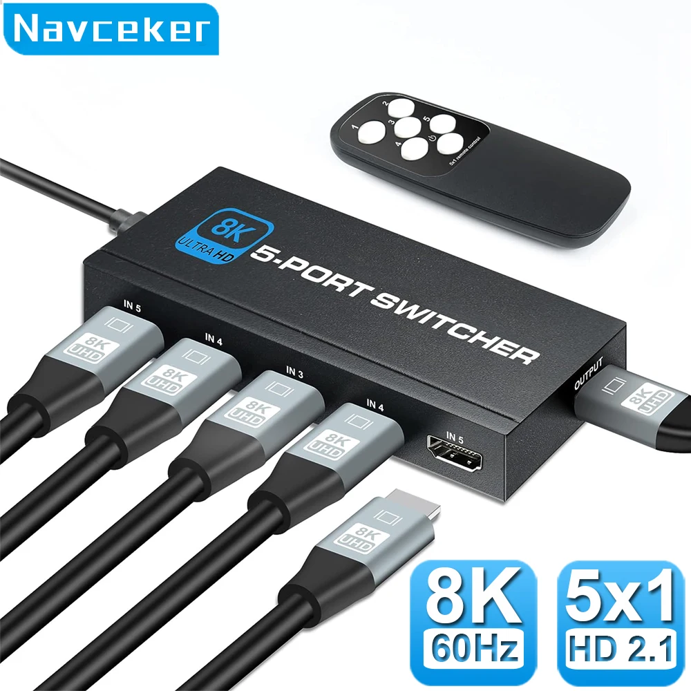Navceker-conmutador HDMI 2,1, 8K, 60Hz, 4k120Hz, compatible con HDMI, salida 5 en 1, convertidor de Control remoto para monitores Xbox PS5