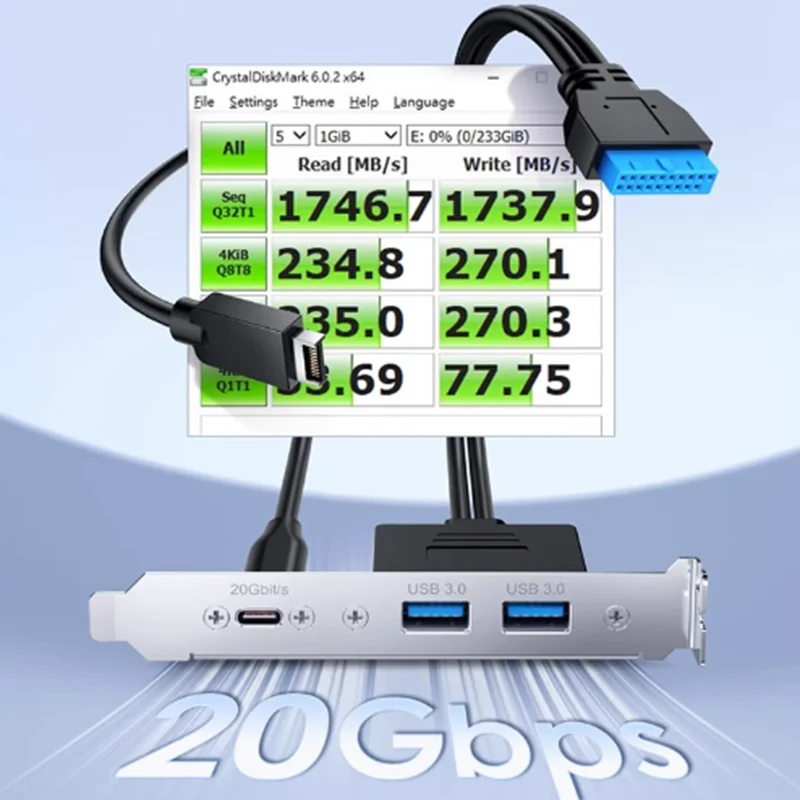 Cable de base USB 3.2 trasero PCI, 20 Gbps tipo E a USB-C, 19 pines 20 pines a 2 tipo A 2 cable hembra USB 3.0 - imagen 3