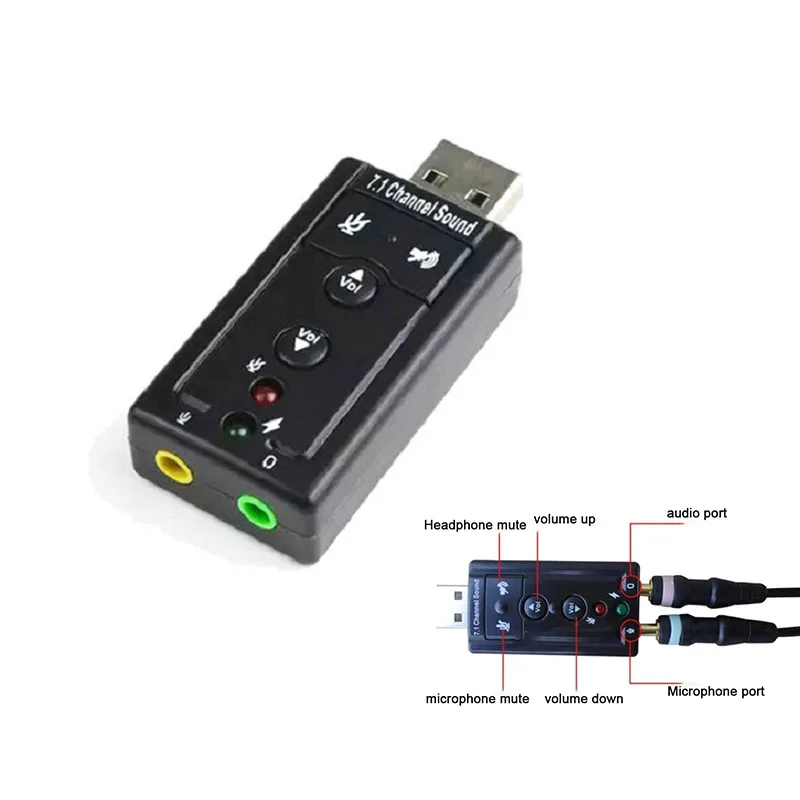 Tarjeta de sonido USB de canal externo 3D de 7,1 canales, adaptador de micrófono, altavoz, conector de 3,5mm, auriculares estéreo
