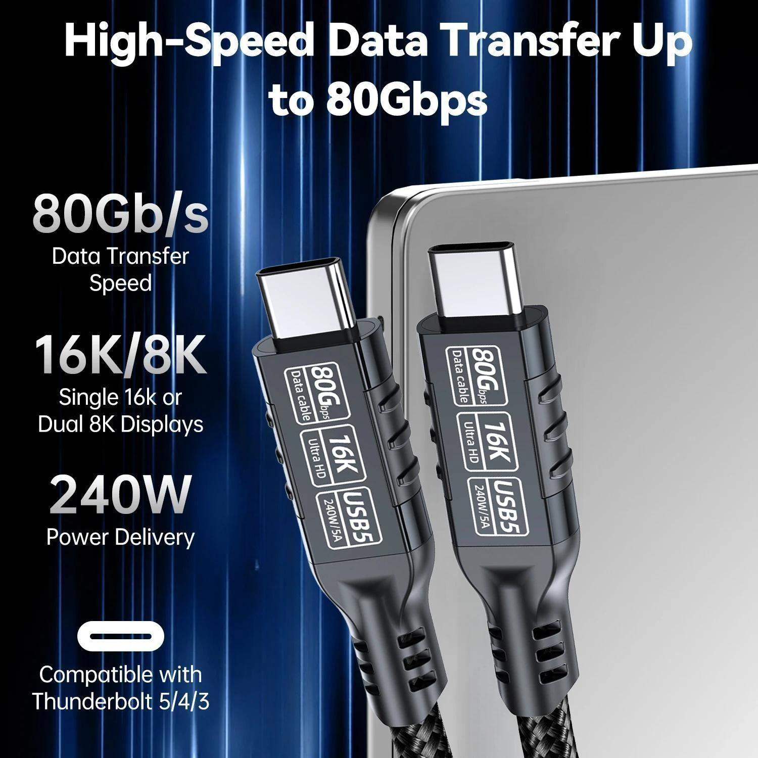 USB 5 PD240W 80Gbps Thunderbolt 5 Cable tipo C 16K 8K 48V/5A tipo C a USB C para iphone 16 Pro Tablet Switch Laptop MacBook Pro - imagen 2
